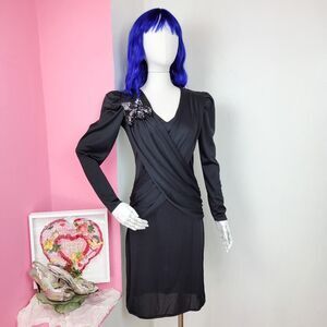 Vintage 70s/80s Black Draped Long Sleeve Dress